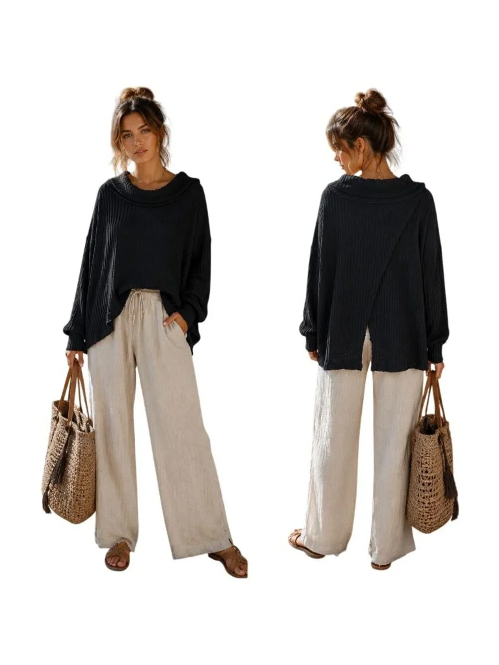 Free People Coastal Boho Beachy Oversized‎ Waffle Knit Top Split Back Blk M NWT